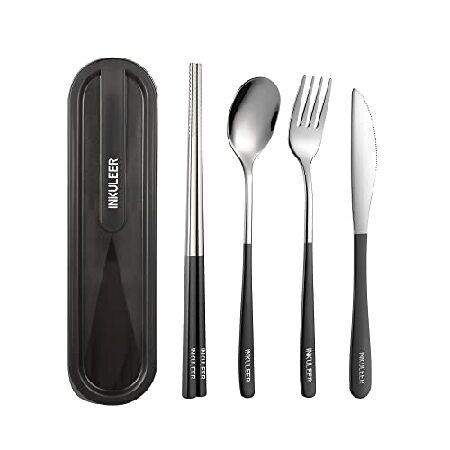 INKULEER Travel cutlery set, 18 stainless steel cutlery, Reusable utensils set with case, Portable Silverware Lunch Box for Camping and Office(Black