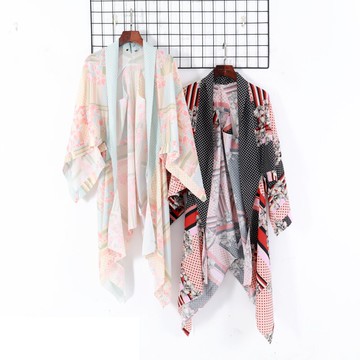 春季新款女裝時尚韓版清新印花蝙蝠袖無扣開襟防曬風衣外套