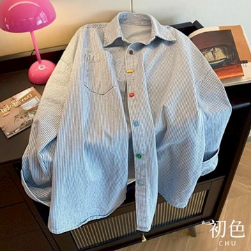 初色 復古簡約撞色牛仔條紋襯衫上衣女上衣開衫外套-藍色-10781(M-XL可選)