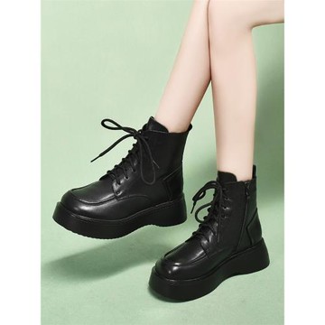 厚底馬丁靴女冬季加絨加厚坡跟松糕鞋2024年秋季新款單靴真皮短靴