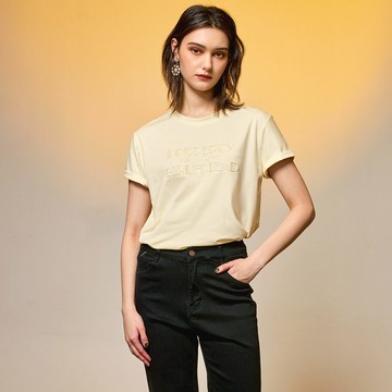 甜蜜宣言字母繡花精梳棉短袖T恤_黃色【MON'S 流行服飾】