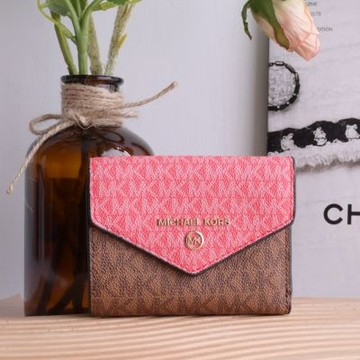MICHAEL KORS Jet Set Charm 金屬MK LOGO經典印花釦式三折短夾(粉/咖)