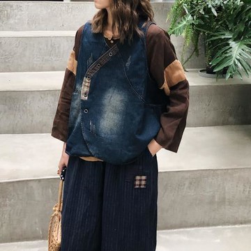 2025秋冬新女 日系大碼復古水洗學院風牛仔馬甲背心