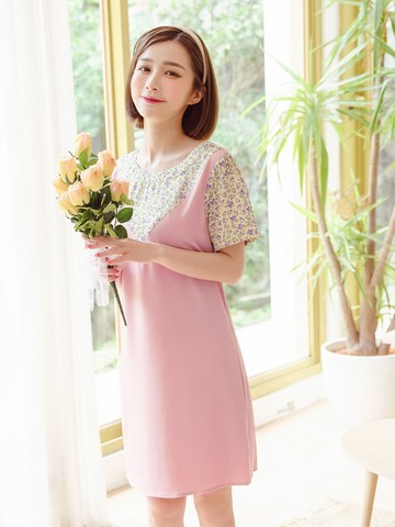 假兩件印花拼接短袖洋裝