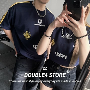 【DOUBLE4】情侶t 美式 boxy 短版寬鬆短Tee CleanFit y2k 雙線 復古 2537