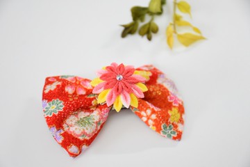 細工布花 蝴蝶結 3用和風髮夾 紅色