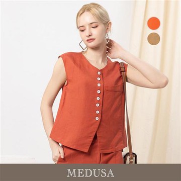 現貨【MEDUSA 曼度莎】涼感排釦V領亞麻無袖背心 - 2色（M-XL）｜西裝背心 涼感亞麻 夏季上衣