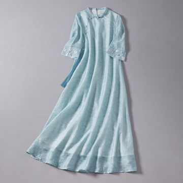 清新淡雅旗袍連衣裙長款改良年輕款春夏復古氣質寬松禪意茶服長裙