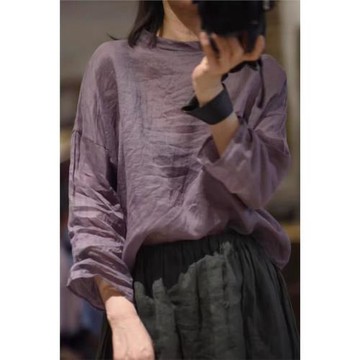 外貿一線品牌女裝復古休閑寬松套頭小衫一字領輕薄棉麻防曬罩衫