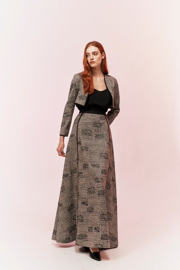 咖啡毛料印花長圓裙
