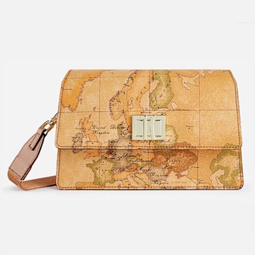 Alviero Martini 義大利地圖包 金釦翻蓋寬揹帶斜側小包22cm-地圖黃
