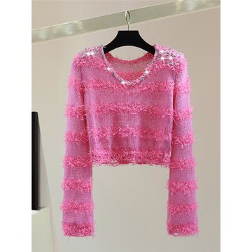 小個子流蘇條紋V領亮片針織衫2025秋冬高腰短款鑲鉆釘珠套頭毛衣