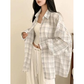 Codibook｜韓國 peachmode 復古亞麻寬鬆格紋長袖襯衫［預購］襯衫 女裝