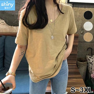 質感親膚．素色竹節棉U領短袖上衣- shiny藍格子【V3833】