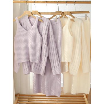 『眠島』半邊絨睡衣女軟綿綿冬季純色加絨加厚開衫三件套家居服