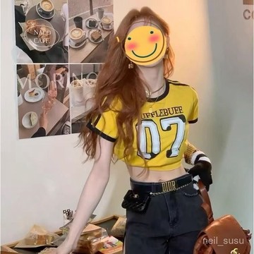 P3-[限時特賣]短袖上衣 短版上衣 辣妹上衣 ins風時尚復古美式辣妹T恤女學生夏季小個子短款露腰百搭黃色上衣