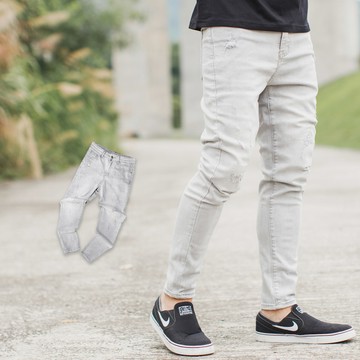 【NB1292J】韓國製造型小抓破全灰色素面彈性九分牛仔褲(SS-G5026)