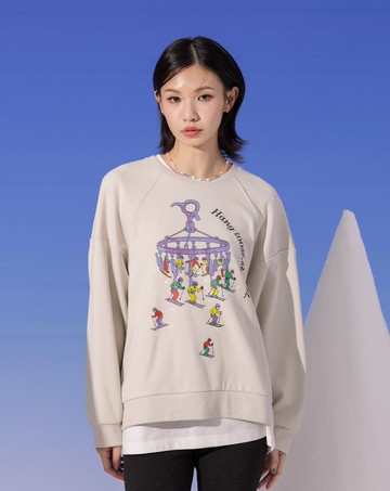 ➤發熱曬衣夾造型滑雪纜車印花大學T(兩色)