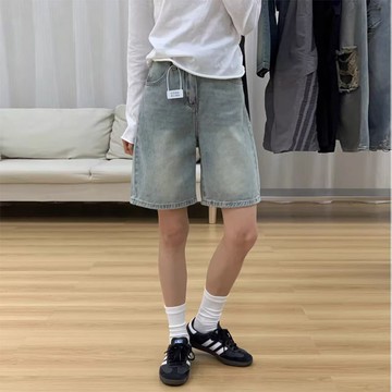 美式高腰闊腿牛仔短褲女春夏新款寬鬆顯瘦小個子直筒五分褲子 大碼牛仔短褲 五分褲 高腰牛仔褲 寬鬆闊腿褲 A字褲