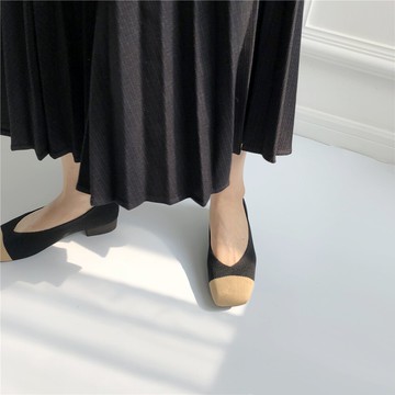 2022春夏新款女鞋復古方頭飛織透氣針織面料矮粗跟橡膠軟底單鞋