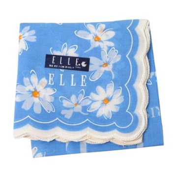 ELLE PARIS 藍色浪漫雛菊飾邊字母LOGO圖騰帕巾(藍色系/42CM)