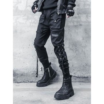 ins暗黑機能風修身工裝褲個性綁帶設計嘻哈束腳褲子長褲休閑褲男