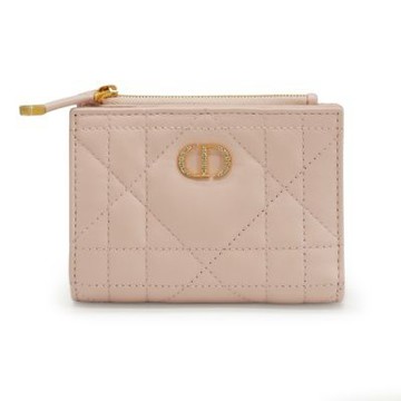 Dior 迪奧 Caro Dahlia 籐格紋羊皮水鑽logo對開釦式短夾(S4208-粉)
