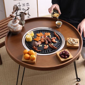 竹制多功能圍爐茶桌小圓桌火鍋煮茶桌燒烤桌家用陽臺桌茶桌小圓桌