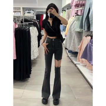 破洞牛仔褲女夏天薄款2023年新款小眾設計感喇叭褲美式高街寬松