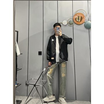 夏季破洞網紅高街復古水洗做舊割破洞牛仔褲男女潮牌寬松直筒長褲