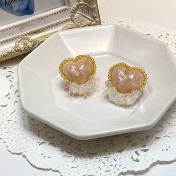 愛心 樹脂 刺繡 耳環 粉色 暈染 珠飾刺繡