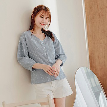 開襟V領植絨波點拋袖收腰上衣-OB嚴選