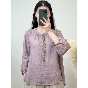 【雅韻衣櫥】棉麻襯衫女圓領刺繡休閒百搭寬鬆顯瘦夏季新款透氣長袖襯衣女