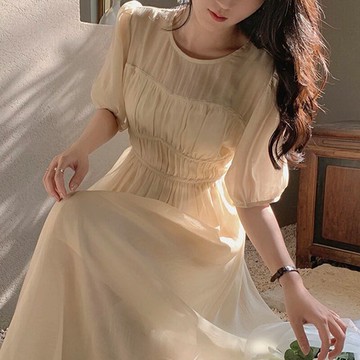 2022新款泡泡袖氣質溫柔風超仙女高級感法式蕾絲連衣裙子夏季薄款
