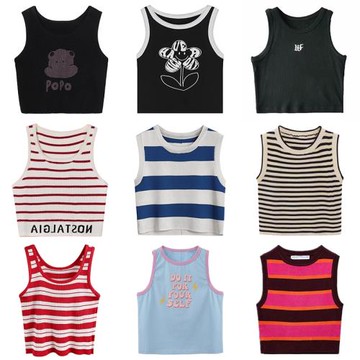 PAIXIANG/撞色條紋吊帶背心女夏季外穿甜辣chic短款無袖印花上衣