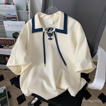 🐱 限時下殺 🐱 美式復古 polo衫 短袖男 夏季新款 翻領上衣 拚接設計感 寬鬆T賉 男女衕款設計感小衆半袖上衣 L