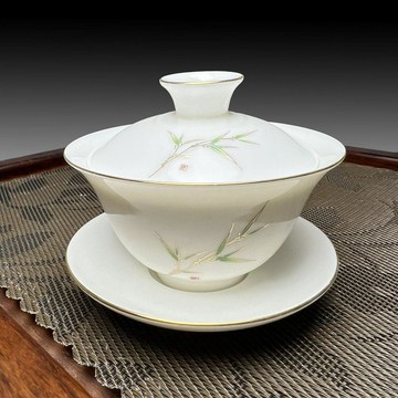 【茶品名】🍵蓋碗 三才碗 二才碗 泡茶杯竹報平安青竹子懸停高端羊脂玉白瓷功夫茶具套組蓋碗茶杯描金