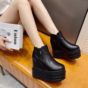百搭坡跟短靴女12cm超高跟秋冬新款松糕鞋內增高馬丁靴子厚底裸靴