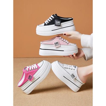 輕便包頭半拖鞋女2025秋季新款內增高外穿涼拖鞋百搭厚底帆布女鞋