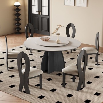 可開統編 公司貨 免運 法式實木餐桌家用黑色圓形帶轉盤意式現代簡約純白復古巖板圓桌 速度發貨