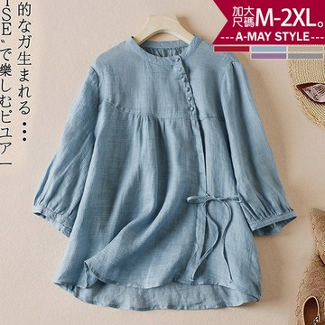 加大碼 襯衫 質感亞麻風綁帶造型七分袖上衣(M-2XL)【XAM260430】＊艾美時尚(現+預)