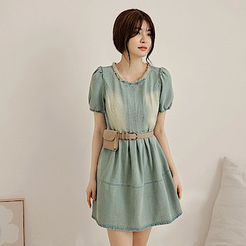 純棉收腰壓摺復古刷色牛仔短洋裝-OB嚴選