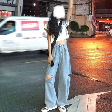 春秋新款ins寬松學生闊腿褲韓版高腰破洞顯瘦牛仔褲女直筒長褲潮