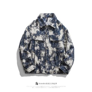 日系復古做舊拼色雪花牛仔夾克男潮牌街頭情侶bf寬松休閑帥氣外套