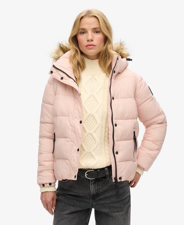 Superdry Women's Women's Faux Fur Short Hooded Puffer Jacket Pink / Pink Blush - Size: 12 Size: 8