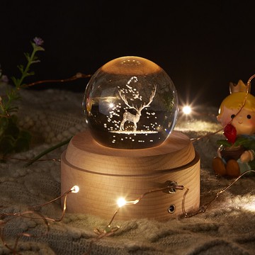 麋鹿水晶球音樂盒臥室床頭燈客廳擺件旋轉八音盒生日禮物