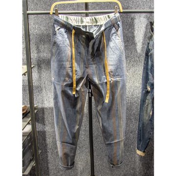 三古木棉條紋哈倫休閑褲男薄款寬松小直筒男褲子夏季潮牌九分褲