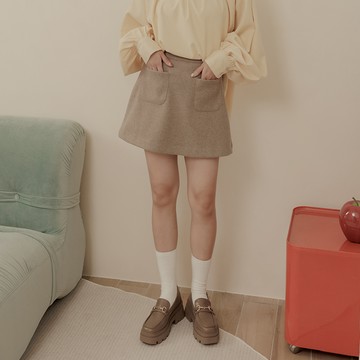 姿佑聯名 簡約口袋造型毛呢短裙-咖 S/M/L