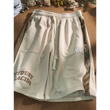 美式復古短褲男夏季潮牌高街帥氣中褲寬松運動卡其色拼接籃球褲子