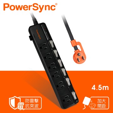 群加 PowerSync 六開六插防雷擊抗搖擺延長線/4.5m(TPS366BN0045)